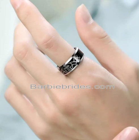 Men's 8mm Tungsten Black Etched Cross Tribal Pattern Comfort-Fit Wedding Band