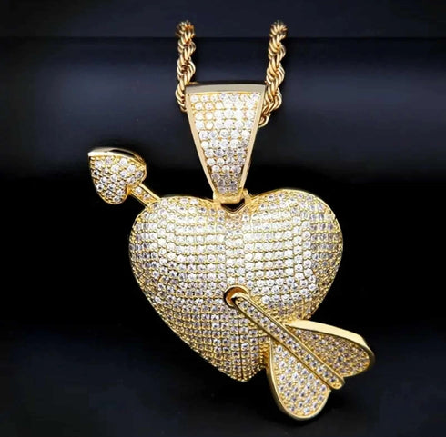 Iced Out Arrow Heart Bling 18K Gold Plated Cubic Zirconia Pendant Necklace