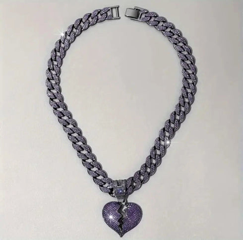 ICED OUT Broken Heart Rhodium Plated Purple Cubic Zirconia Cuban Chain Necklace