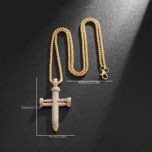 Men's Exquisite Iced Micro Pave 14K Gold Plated CZ Nail Cross Pendant Necklace