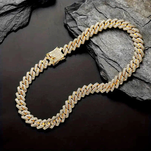 2-Pc Men FULLY ICED Thick 14K Gold Plated CZ Miami Cuban Link Necklace+Bracelet