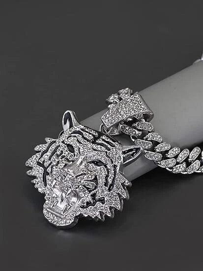 3 Pc Iced Out 14K Gold Plated CZ Tiger Head Pendant & Cuban Chain Necklace & Bracelet