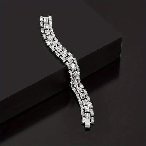 2Pc Men FULLY ICED Watch Band Baguette Chain 14KGold Plated CZ Necklace & Bracelet