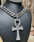 3-Pcs Iced 14K Gold Plated CZ Large Ankh Cross Pendant with Cuban Necklace & Bracelet