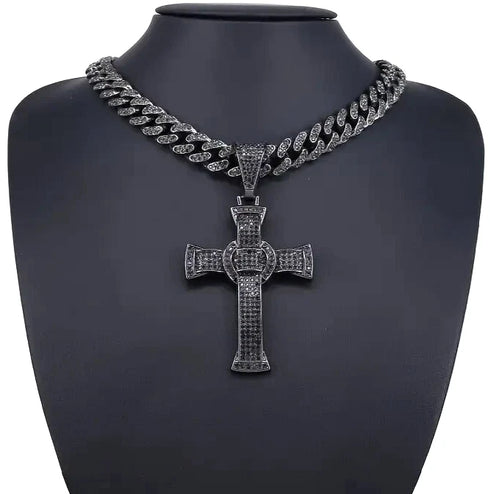 Rhodium Plated Iced Out Black CZ Cuban Chain Cross Pendant & Necklace