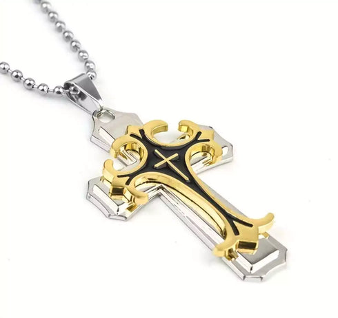 Titanium Creative Multi-Layer Gold Silver Cross/CZ Owl Pendant Necklace