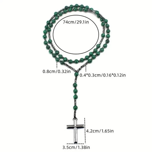 Green Malachite & Hematite Beaded Rosary Cross Pendant Necklace