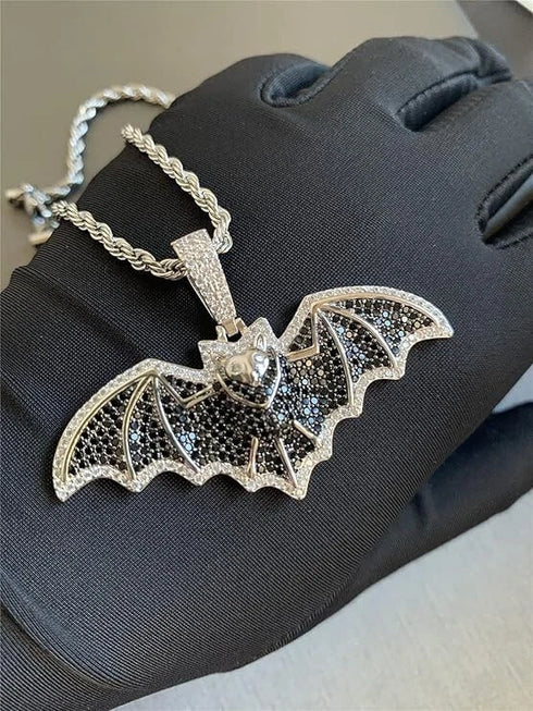 Iced Out Paved 14K White Gold Plated Cubic Zirconia Black Bat Pendant Necklace