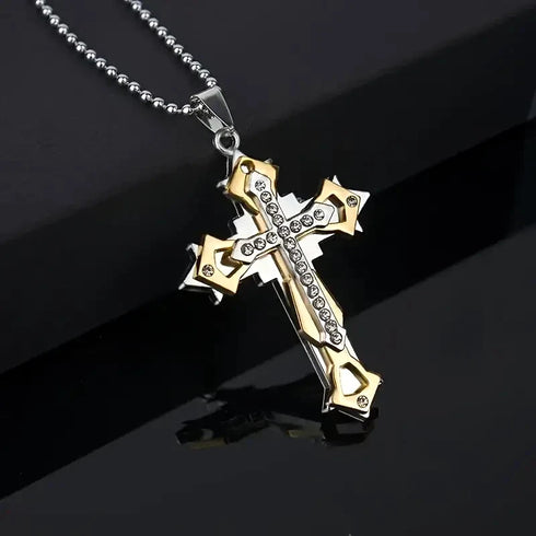 Titanium Creative Multi-Layer Cubic Zirconia Cross Pendant Necklace