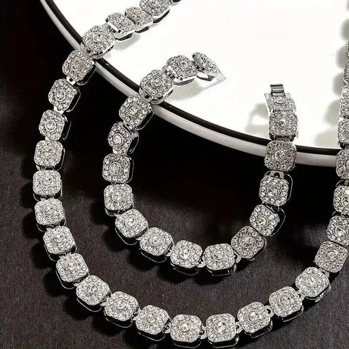 2-Pc FULLY ICED 14K White Gold Plated Square Cluster CZ Tennis Chain Necklace & Bracelet