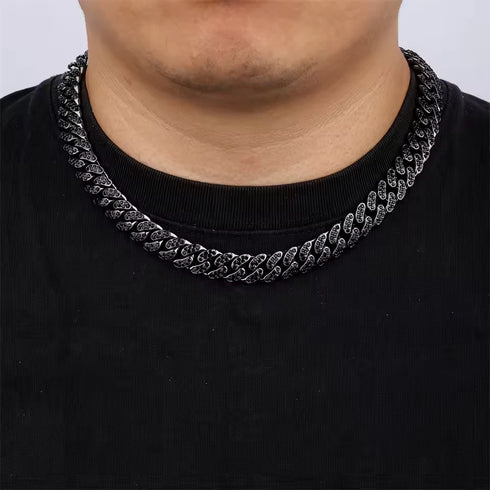 2Pcs Men Iced Out Gun Black Rhodium Plated CZ Cuban Link 55CM Necklace & Bracelet Set