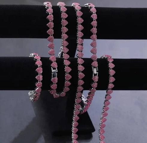 2-Pcs FULLY ICED 14K Gold Plated Heart Shape CZ Tennis Chain Necklace & Bracelet