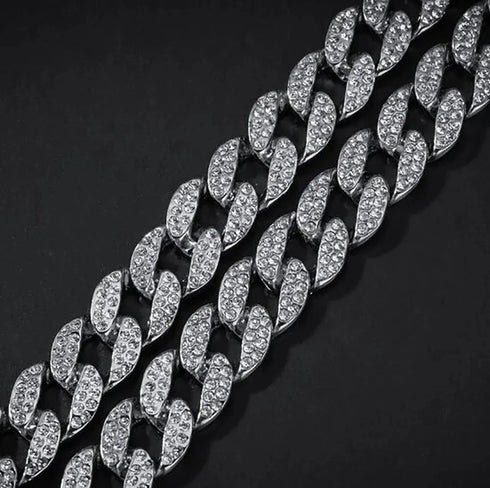 2Pc FULLY ICED 14K White Gold Plated CZ Miami Cuban Link Chain Necklace & Bracelet