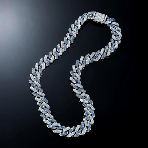 2 Pc Men Women FULLY ICED Rhombus Blue Cuban Link Chain 2Row CZ Necklace & Bracelet