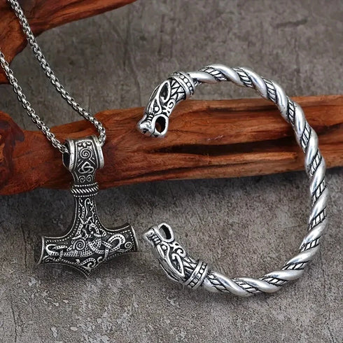 Nordic Viking Wolf Head Thor's Hammer Men Women Mjolnir Necklace & Bracelet Set