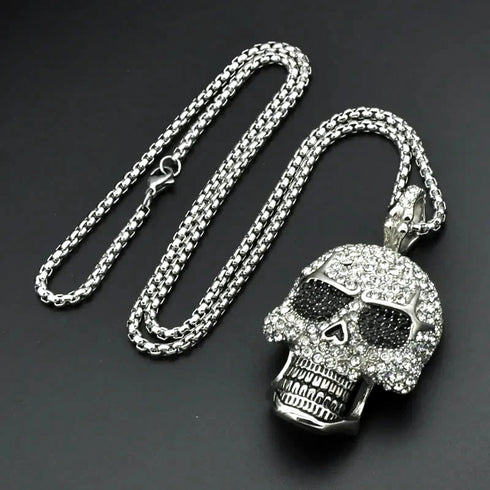 Iced Out 14K White Gold Plated Cubic Zirconia Sugar Skull Head Pendant Necklace