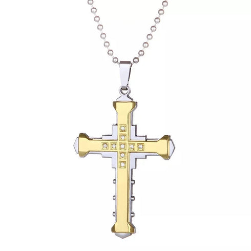 Titanium Stylish & Elegant Black/Gold Cubic Zirconia Cross Pendant Necklace
