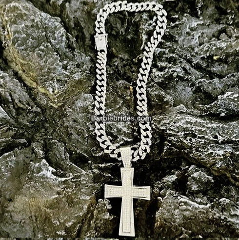 3-Pcs Iced 14K White Gold Plated CZ Large Cross Pendant with Cuban Necklace & Bracelet