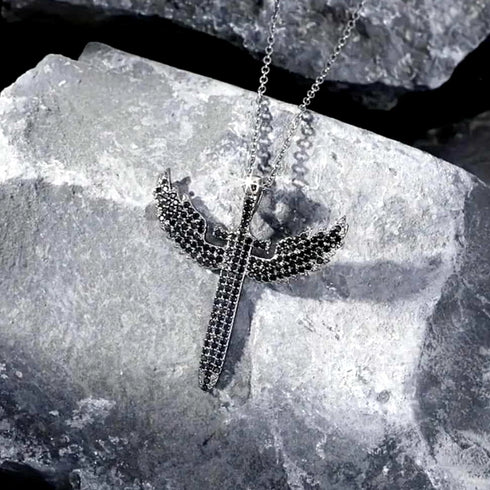 3Pc Iced Out 14KWhite Gold Plated CZ Angel Cuban Chain Pendant Necklace & Bracelet