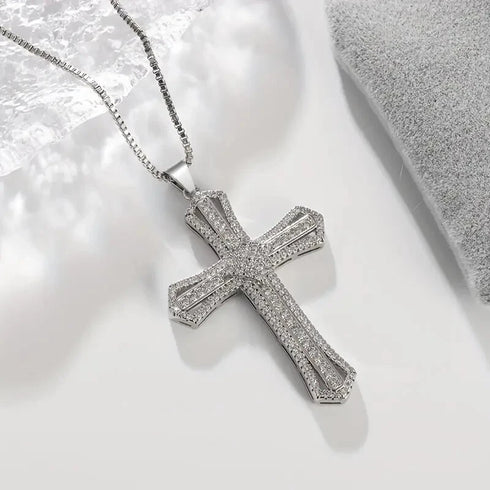 Iced Out Bling 14K Gold Plated Cubic Zirconia Blessed Cross Pendant Necklace