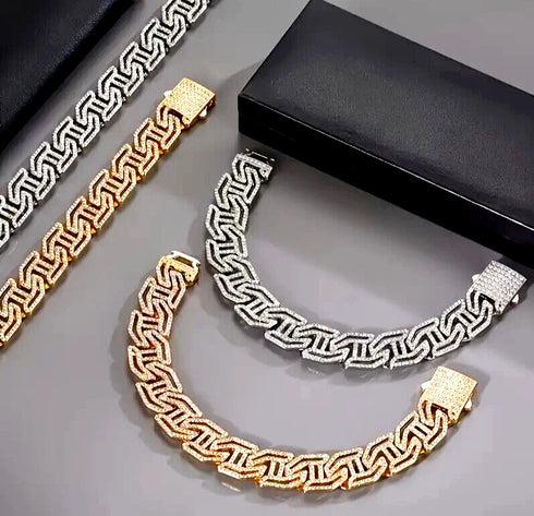 2-Pc ICED OUT Tiger Head 14K Gold Plated CZ Wide 'H' Shape Cuban Chain Necklace