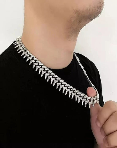 2 Pc FULLY ICED 14K White Gold Plated CZ Thorn Cuban Link Chain Necklace & Bracelet