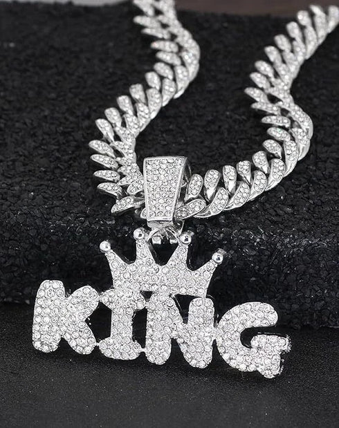 3-Pcs FULLY ICED 14K White Gold Plated CZ Crowned King Cuban Necklace & Bracelet