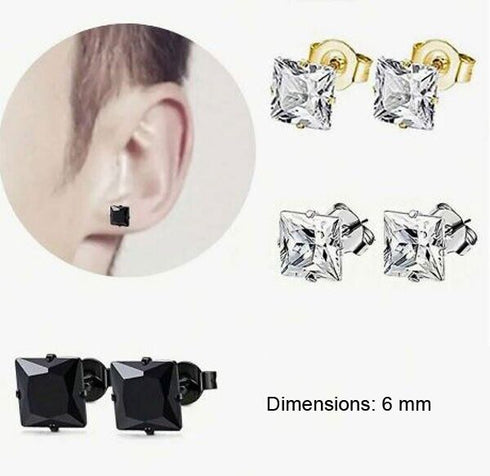 3 Pairs 14K Gold Plated Square Cubic Zirconia Solitaire Men Women Stud Earrings