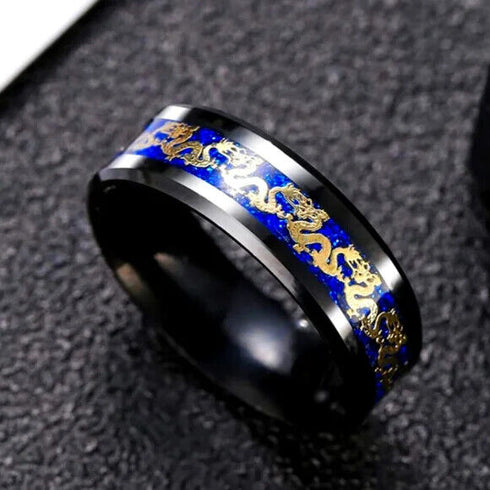 Men's 8mm Comfort Fit Black Tungsten Celtic Gold Dragon Blue Carbon Fiber Ring