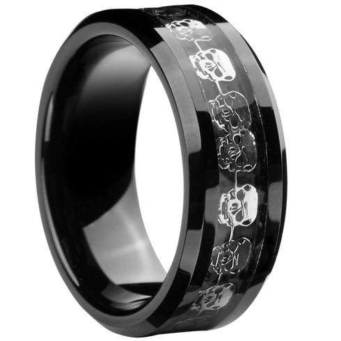 Men 8mm Titanium Black/Blue Laser Skull Carbon Fiber/Matte Black CZ Wedding Band