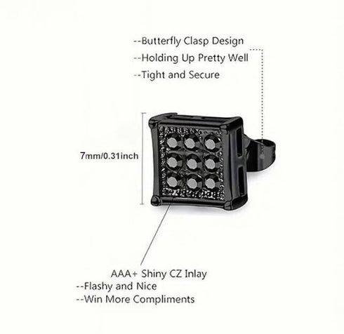 Black Square Titanium Steel Iced Out Cubic Zirconia Stud Earrings For Men Women
