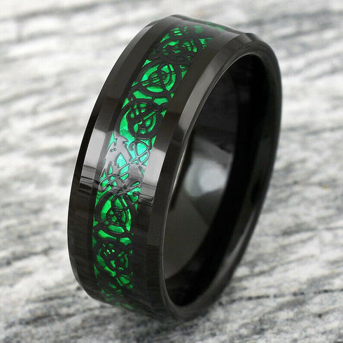 Beveled Edge Comfort-Fit Green Celtic Dragon 8mm Tungsten Wedding Band