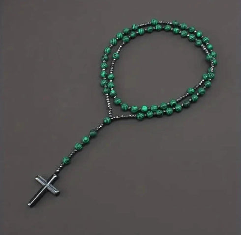 Green Malachite & Hematite Beaded Rosary Cross Pendant Necklace