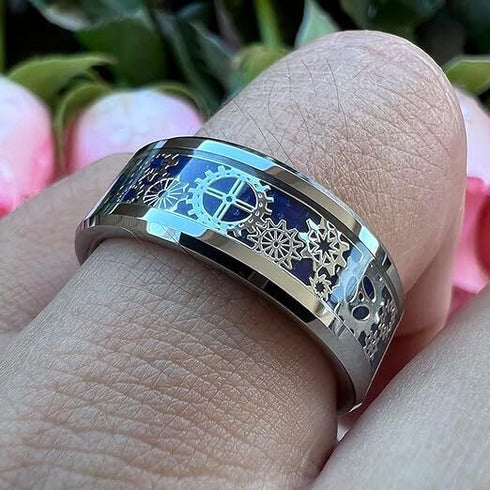 Men 8mm Tungsten Blue Carbon Fiber Steampunk Gear Inlay Comfort-Fit Wedding Ring