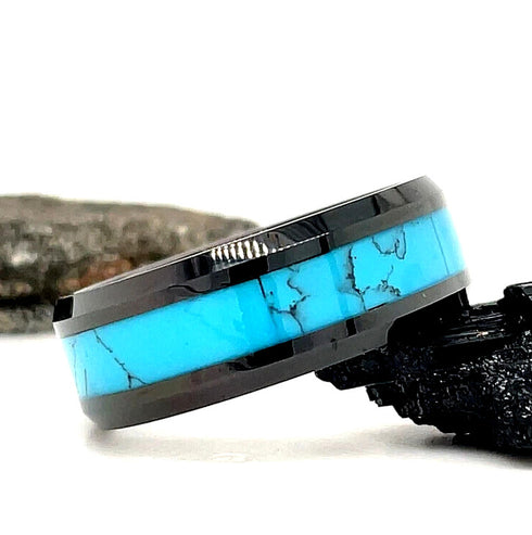 Men 8mm Tungsten Black Turquoise Beveled-Edge Comfort-Fit Polished Wedding Band