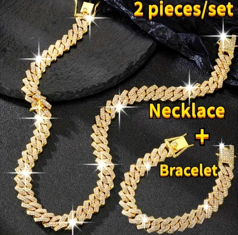 2-Pc Men FULLY ICED Thick 14K Gold Plated CZ Miami Cuban Link Necklace+Bracelet