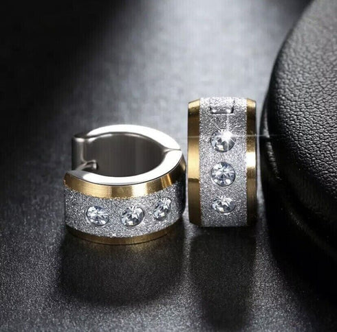 2Tone Titanium Frosted Wide Gold Silver CZ Hypoallergenic Men Women Hoop Earring
