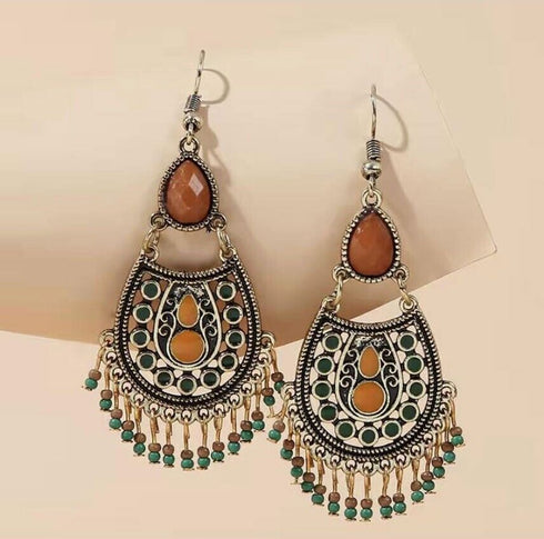4 Pairs of Retro Ethnic Style Multi-Colored Drop Shaped Earrings W/Rhinestone