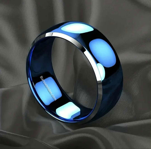 Men 8mm Tungsten Blue Glossed/Brushed Gunmetal Groove Beveled Edges Wedding Band