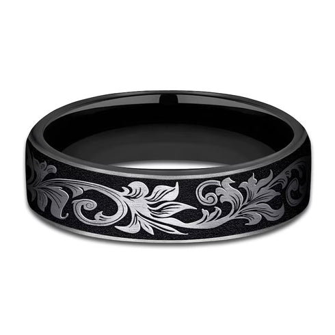 Men's 6mm Titanium Grey/Black Vintage Scrollwork Design Comfort-Fit Wedding Band
