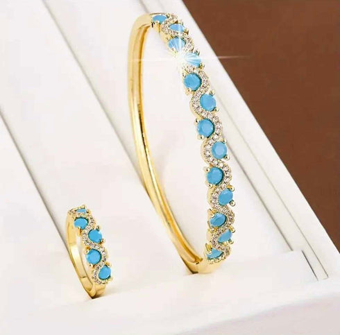 Gorgeous Turquoise 14K Gold Plated Zircon Women Bracelet & Ring Party Engagement