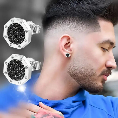 Octagon Micro Pave 14K White Gold Plated Cubic Zirconia Men's Stud Earrings