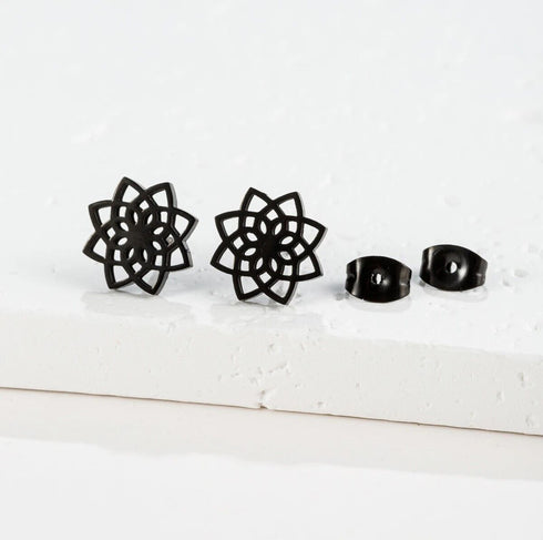 2 Pairs Titanium Steel Black Silver Lotus Mandala Flower Men Women Stud Earrings