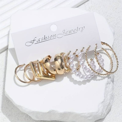 6 Pairs 14K Gold Plated Golden Hoop Earrings With Faux Pearl Decor Korean Style