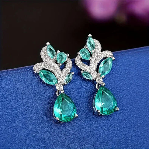 Elegant Aquamarine 14K White Gold-Plated Cubic Zirconia Women Dangle Earrings