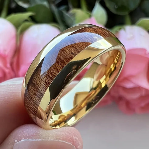 Men's 8mm Tungsten Yellow Gold Hawaii Koa Wood Comfort-Fit Polished Wedding Band