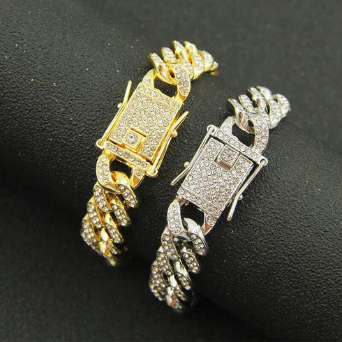2 Pcs Iced Out Silver & Gold 18K Gold Plated Bling CZ Cuban Miami Link Bracelet
