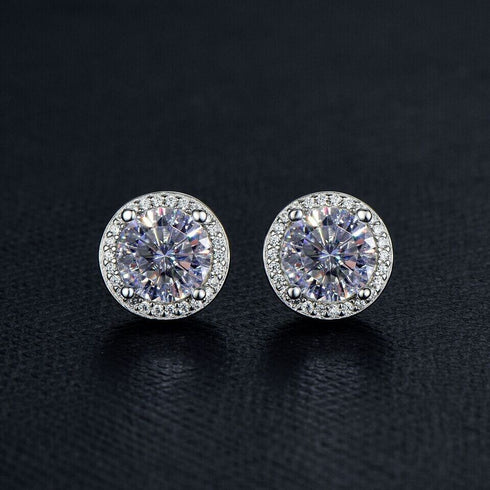 18k White Gold Plated Large CZ Center Stone Brilliant Cut Halo Stud Earrings