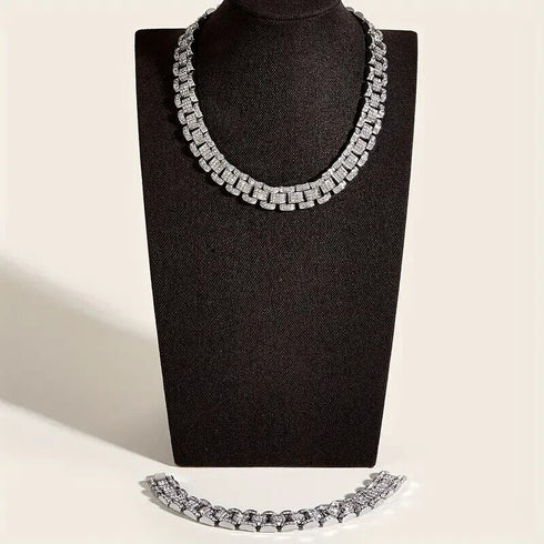 2Pc Men ICED Watch Band Link Baguette Chain 14K Gold Plated CZ Necklace Bracelet