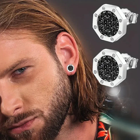 Octagon Micro Pave 14K White Gold Plated Cubic Zirconia Men's Stud Earrings